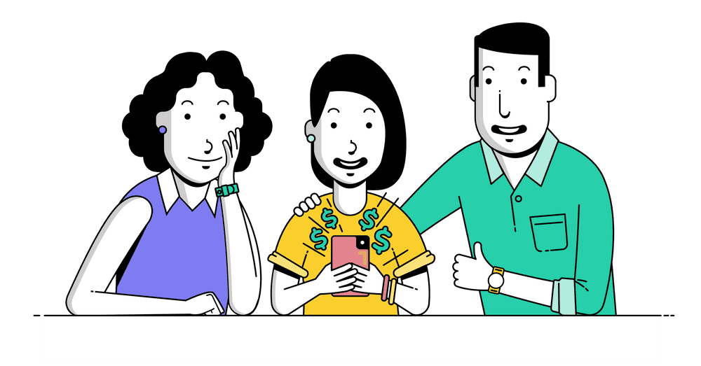 Illustrated image of a teenager using their phone to manage money, with their two parents by their side