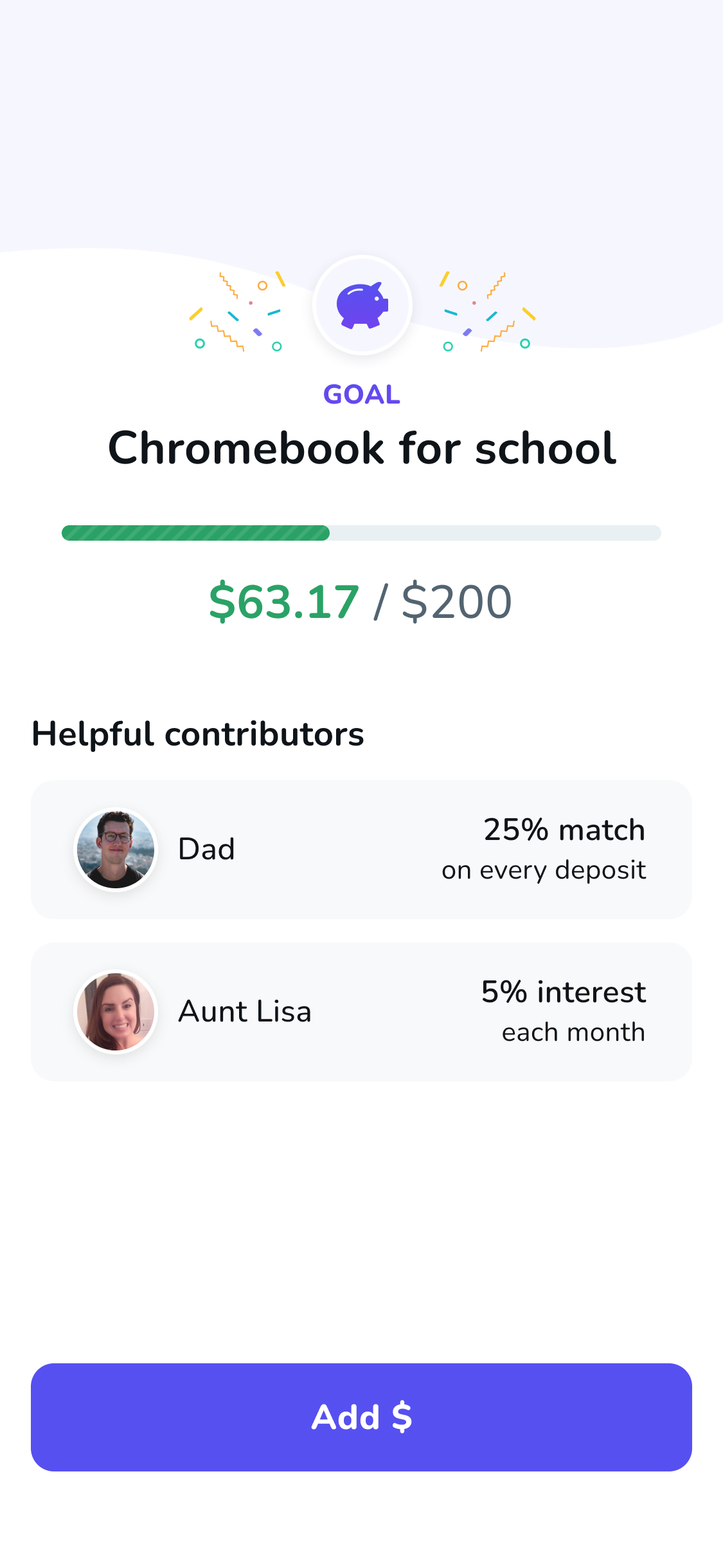 Screenshot of the Till Financial app showing a saving goals contribution breakdown