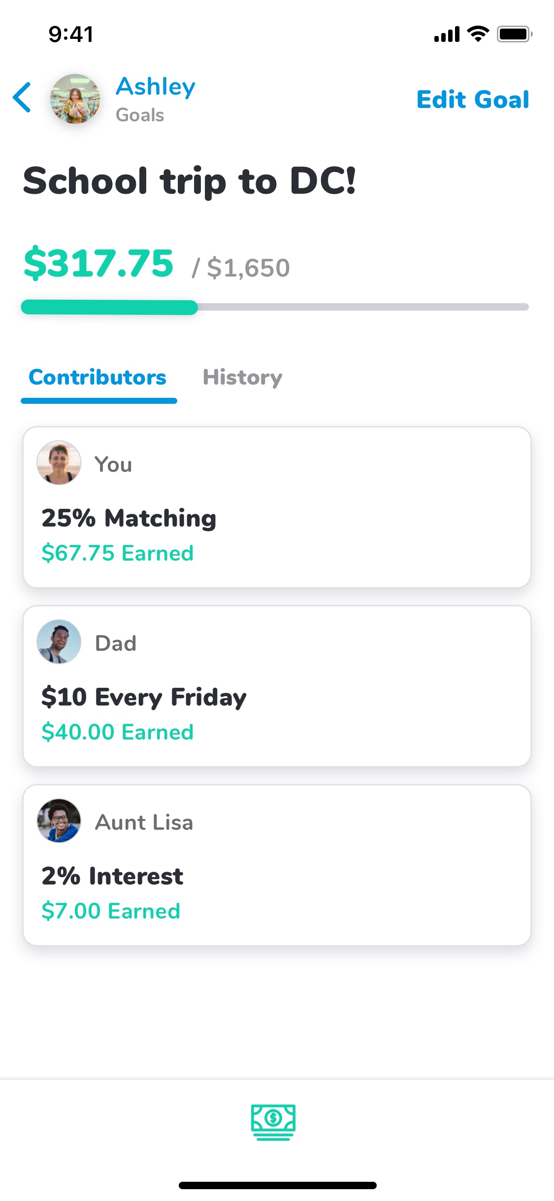 Screenshot of the Till Financial app showing a saving goals contribution breakdown